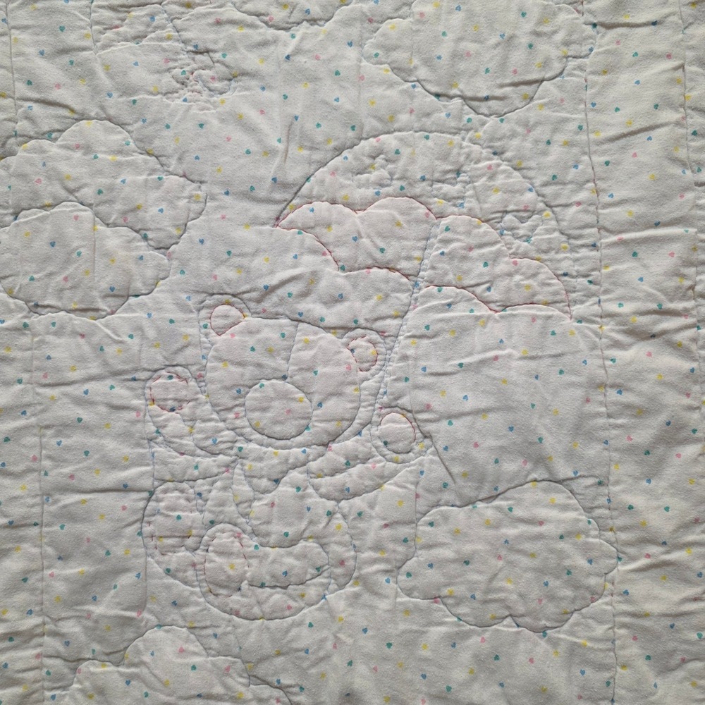 Vintage Teddy Bear Umbrella Quilt Pastel Pink Blue Eyelet Lace Baby Blanket - Picture 5 of 6
